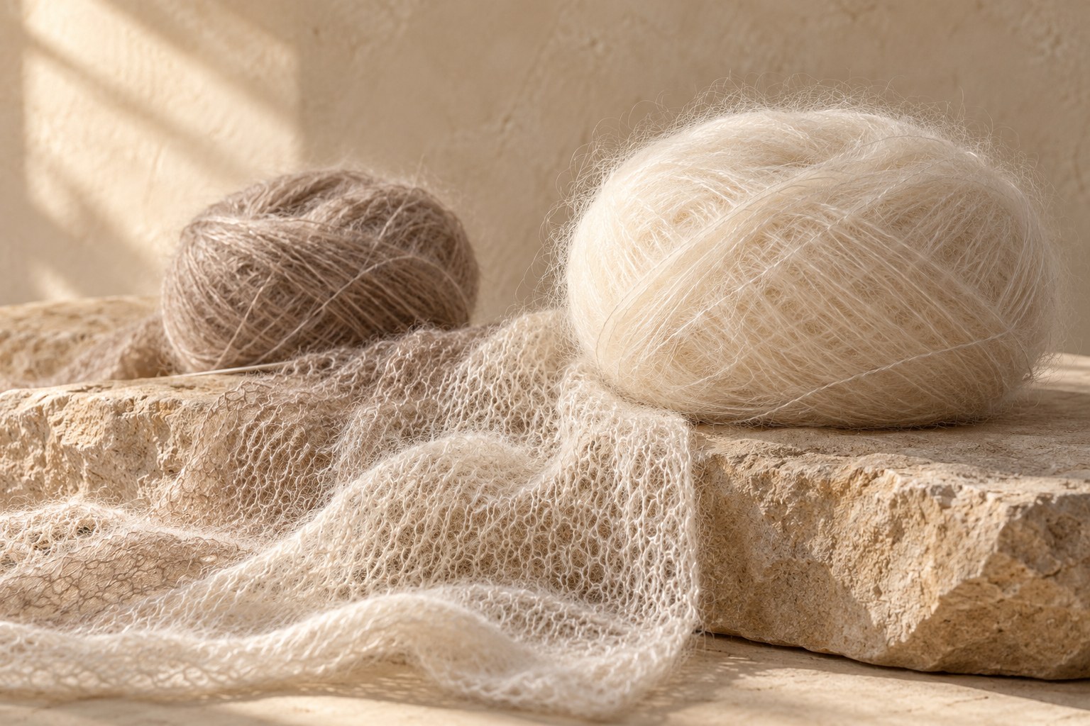 Illustrative still life of fine silk mohair yarn and an airy knitted swatch